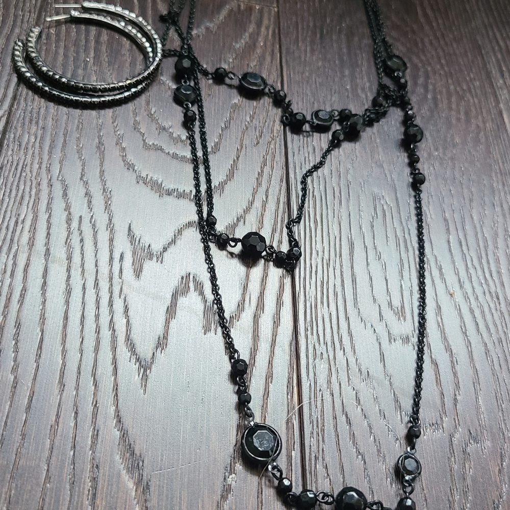 Elegant Black Beaded Necklace and Hoop Earrings Set